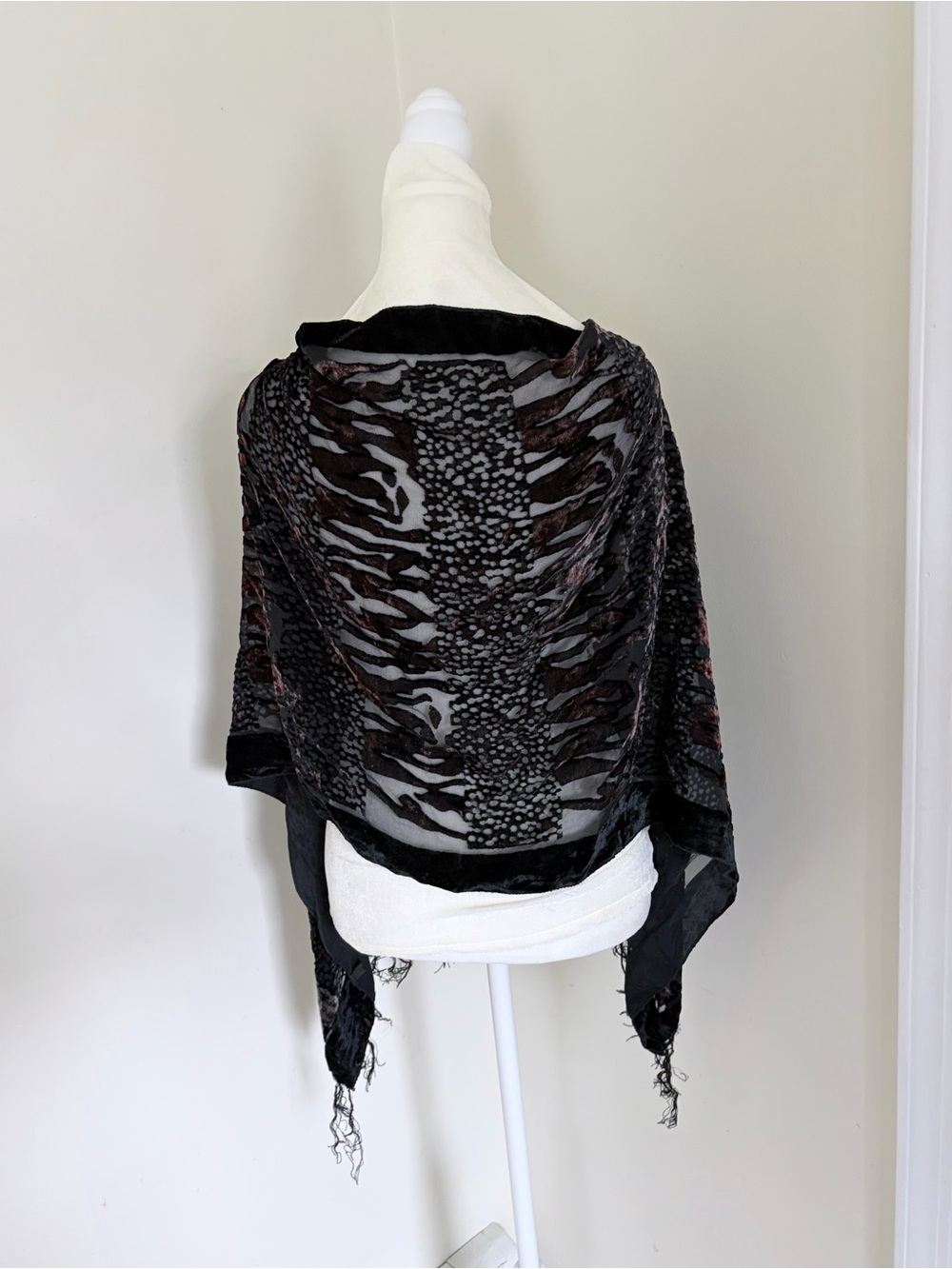 Vintage burnout velvet and devoré fringe shawl with a mixed animal and abstract